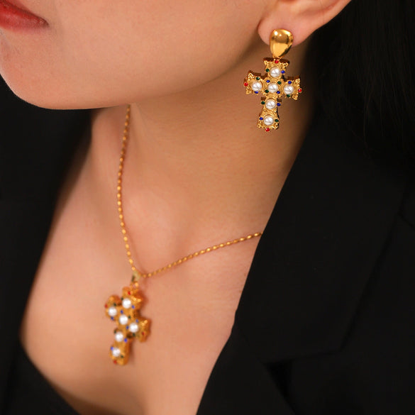 Wholesale Stainless Steel Clavicle Chain Necklace With 18K Gold Plated Geometric Pattern Cross Pendant Inlaid With Colored Diamond And Pearl For Women