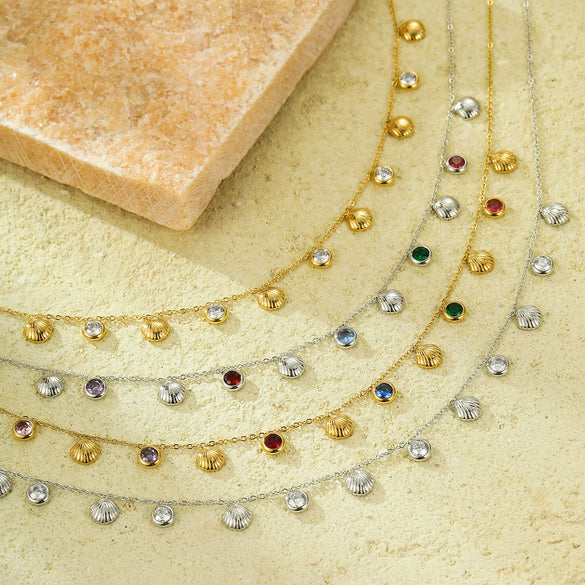 Wholesale Stainless Steel Colored Zircon Shell Pendant Necklace Electroplated Fashion Style For Women