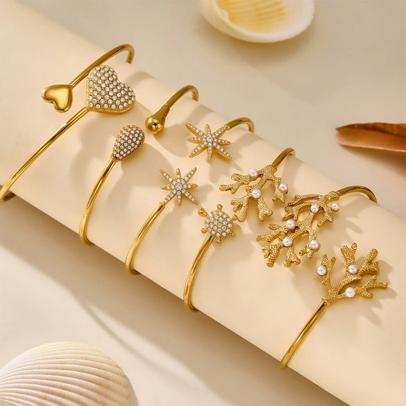 Wholesale 316L Stainless Steel Coral Shell Bead Open Bracelet Plated With Gold Heart Star Zircon Bracelet
