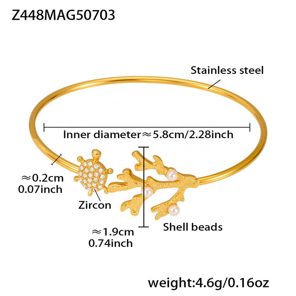 Wholesale 316L Stainless Steel Coral Shell Bead Open Bracelet Plated With Gold Heart Star Zircon Bracelet
