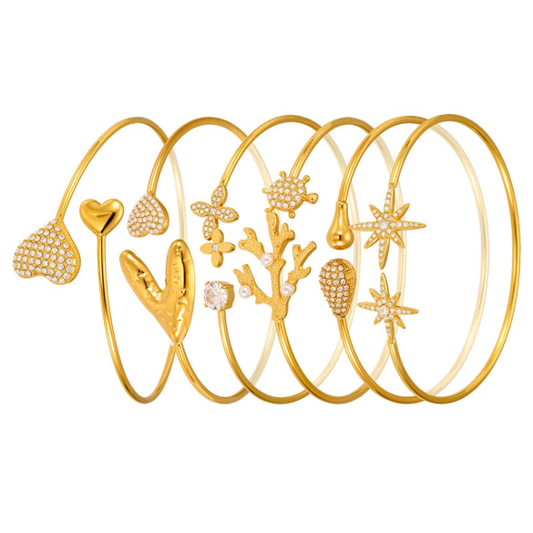 Wholesale 316L Stainless Steel Coral Shell Bead Open Bracelet Plated With Gold Heart Star Zircon Bracelet