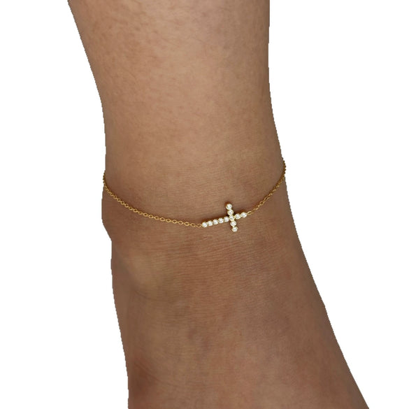 Wholesale Stainless Steel Cross Anklet With Gold Plated Artificial Gemstones And Semi Precious Stones Inlaid Fashionable And Simple Design