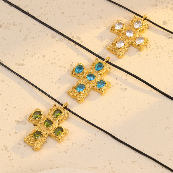 Wholesale Stainless Steel Cross Zircon Titanium Steel Necklace Leather Rope Clavicle Chain Jewelry Electroplated For Women Fashion Style