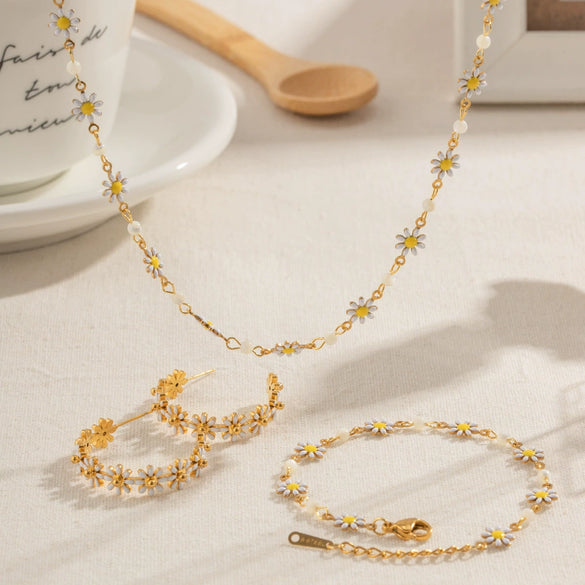 Wholesale Stainless Steel Daisy Flower Bracelet Set With 18K Vacuum Plating