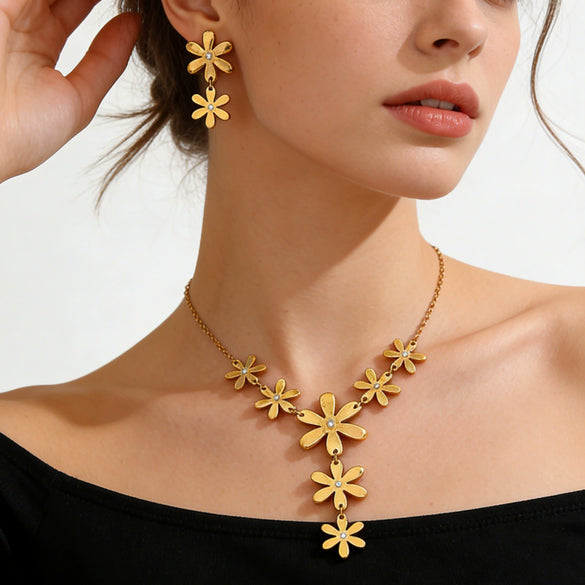 Wholesale Stainless Steel Daisy Flower Jewelry Set 18K Gold Plated For Women