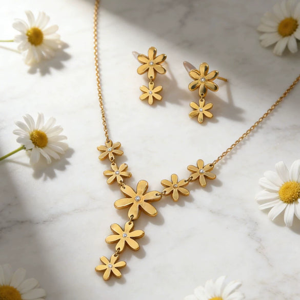 Wholesale Stainless Steel Daisy Flower Jewelry Set 18K Gold Plated For Women
