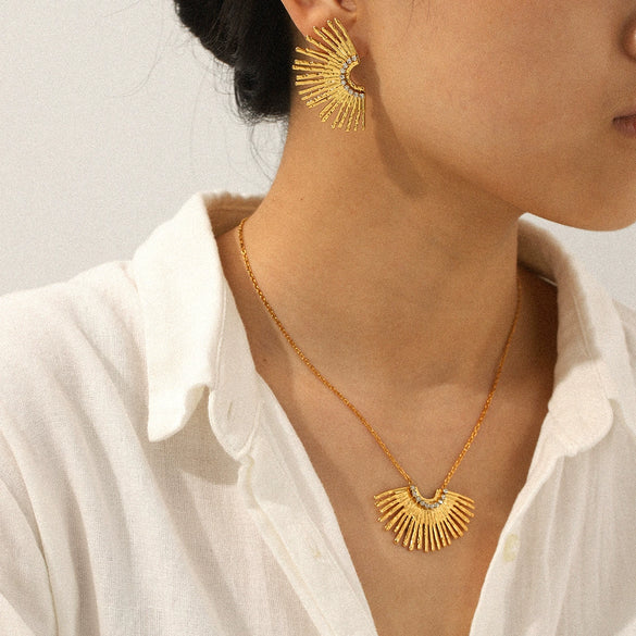 Wholesale Stainless Steel Diamondencrusted Geometric Fanshaped Pendant Necklace And Earrings For Women