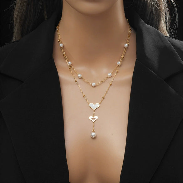 Wholesale Stainless Steel Double Chain Pearl Butterfly Tassel Pendant Necklace With Electroplating For Women