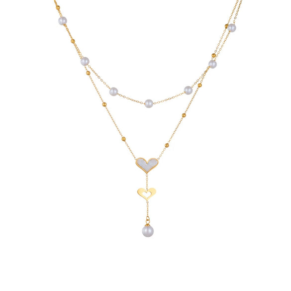 Wholesale Stainless Steel Double Chain Pearl Butterfly Tassel Pendant Necklace With Electroplating For Women