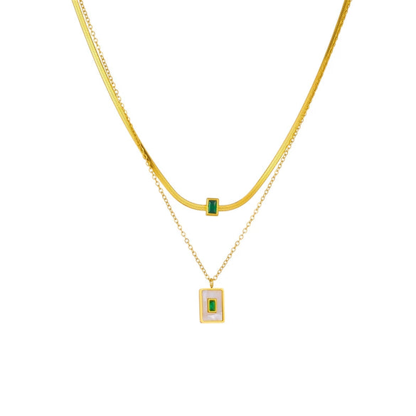 Wholesale Stainless Steel Double Chain Square Green Rhinestone Inlaid Pendant Necklace With Electroplating For Women
