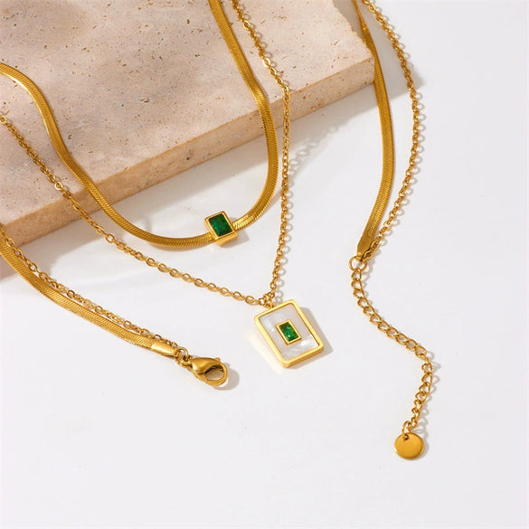 Wholesale Stainless Steel Double Chain Square Green Rhinestone Inlaid Pendant Necklace With Electroplating For Women