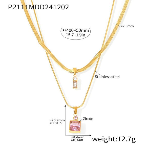 Wholesale 316L Stainless Steel Double Layer Blade Chain Square Zircon Light Luxury Niche Necklace With Electroplating