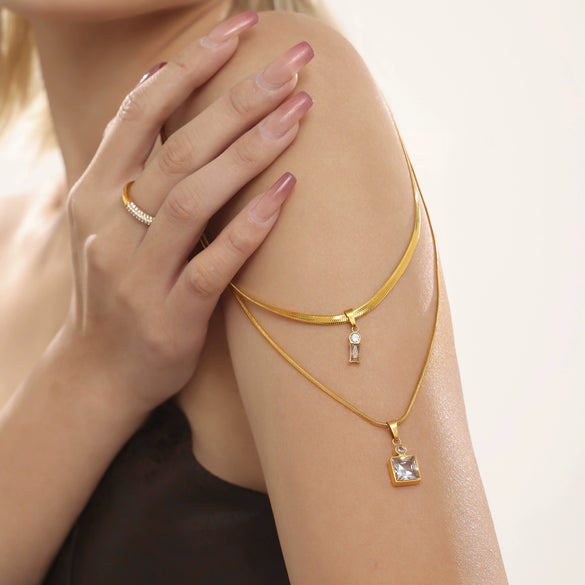 Wholesale 316L Stainless Steel Double Layer Blade Chain Square Zircon Light Luxury Niche Necklace With Electroplating