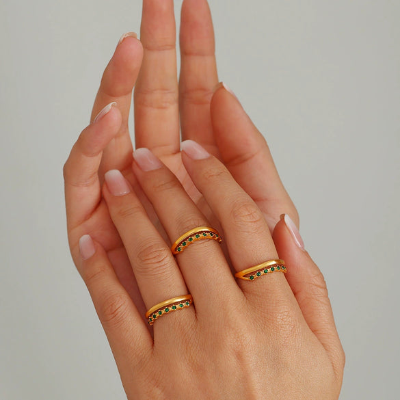 Wholesale Stainless Steel Double Layer Green Zircon Ring Tail Ring With Geometric Pattern Light Luxury Style Electroplated