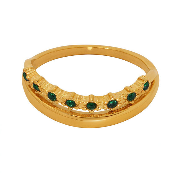Wholesale Stainless Steel Double Layer Green Zircon Ring Tail Ring With Geometric Pattern Light Luxury Style Electroplated