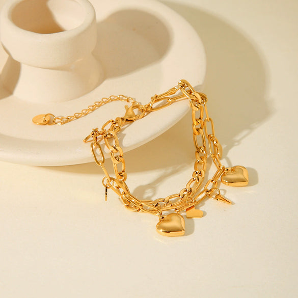 Wholesale Stainless Steel Double Layer Stacked Women's Fashion Personality Love Geometric Heart Pattern Electroplated Bracelet