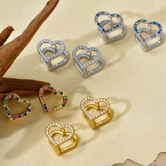 Wholesale Stainless Steel Double Sided Love Color Zircon Earrings With Hand Inlaid Buckle Design Geometric Pattern Electroplating Treatment Light Luxury And Niche Style For Women
