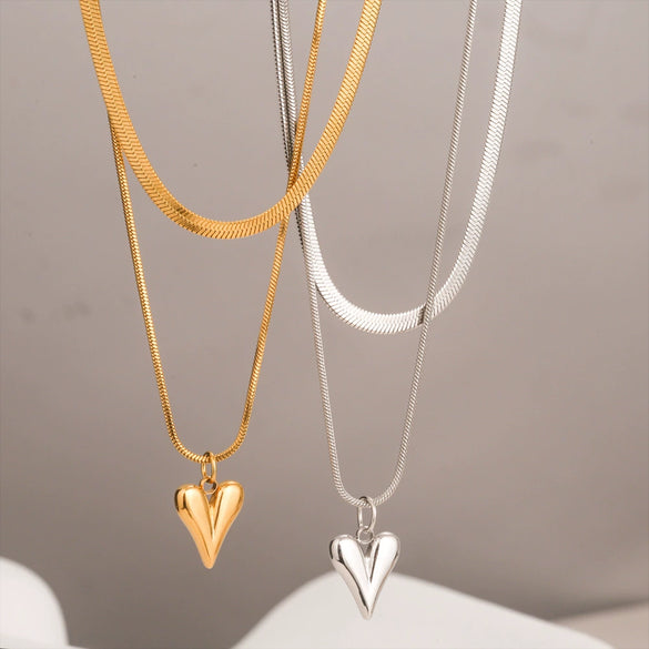 Wholesale Stainless Steel Doublelayer Love Peach Heart Necklace Electroplated Unisex Simple Elegant Jewelry