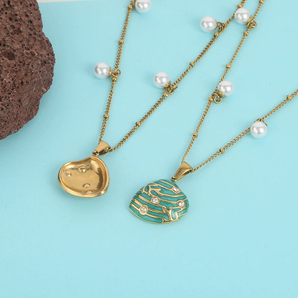 Wholesale Stainless Steel Dripping Oil Necklace With Diamond Shell Pendant And Pearl Chain For Women