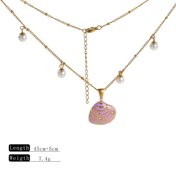 Wholesale Stainless Steel Dripping Oil Necklace With Diamond Shell Pendant And Pearl Chain For Women