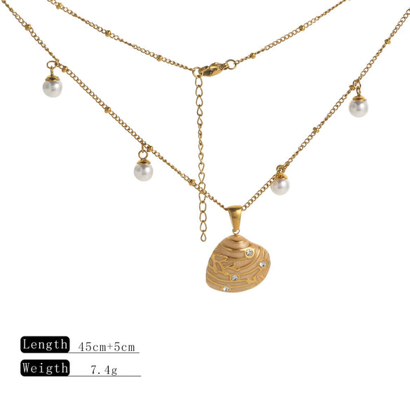 Wholesale Stainless Steel Dripping Oil Necklace With Diamond Shell Pendant And Pearl Chain For Women