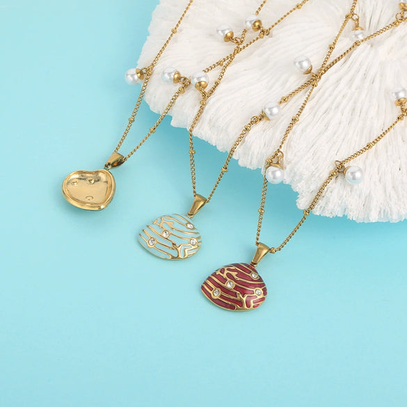 Wholesale Stainless Steel Dripping Oil Necklace With Diamond Shell Pendant And Pearl Chain For Women