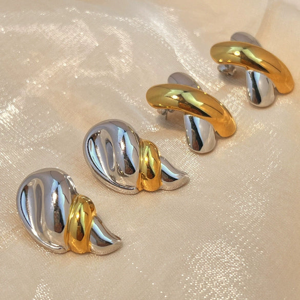 Wholesale Stainless Steel Drop Shaped Heart Shaped Geometric Style Electroplated Gold And Silver Color Matching Couple Earrings