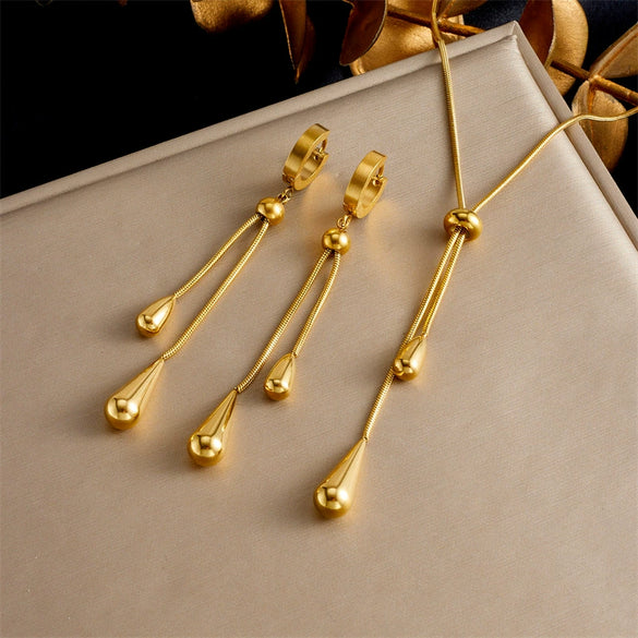 Wholesale Stainless Steel Dropshaped Love Water Drops Bells Pattern Electroplated Earrings And Necklaces Set For Women