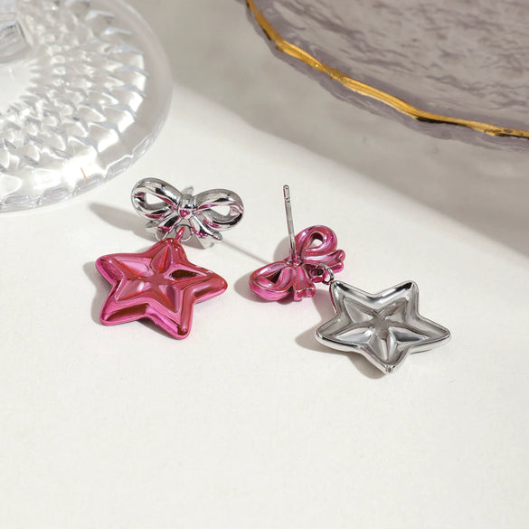 Wholesale Stainless Steel Earrings For Women With Star And Bow Pattern Electroplated Sweet Cool Style