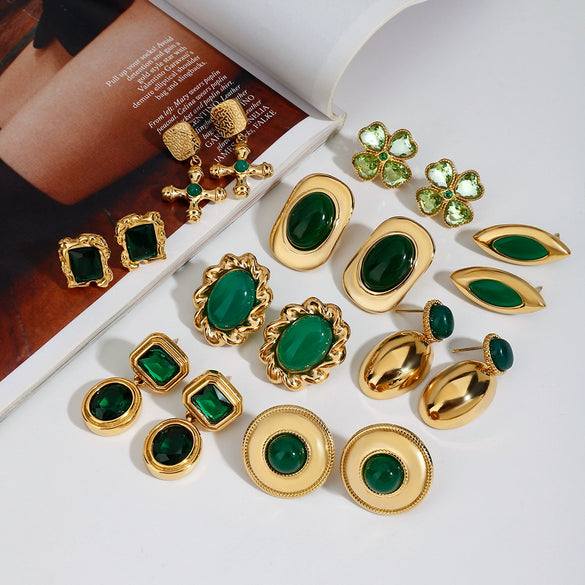 Wholesale Stainless Steel Earrings With Green Agate Geometric Styling Electroplating Treatment For Women