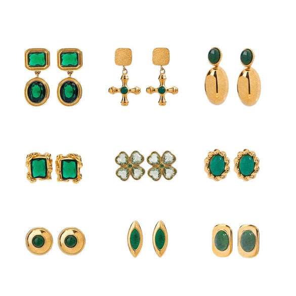 Wholesale Stainless Steel Earrings With Green Agate Geometric Styling Electroplating Treatment For Women