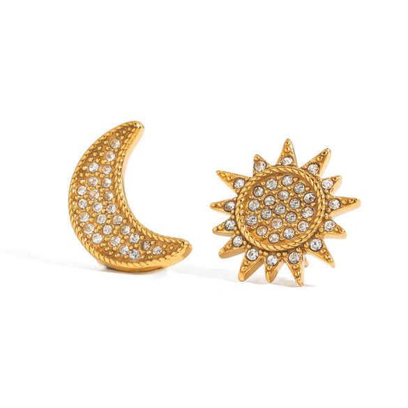 Wholesale Stainless Steel Earrings With White Diamond Moon And Sun Geometric Pattern Electroplated Classic And Minimalist Style