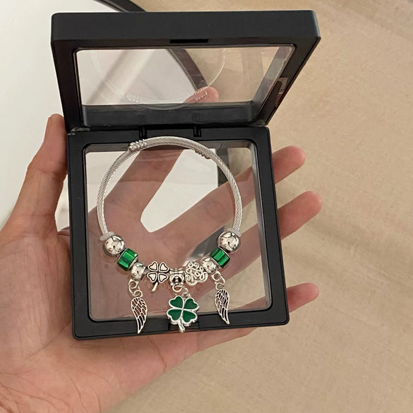 Wholesale Stainless Steel Electroplated Angel Wings Fourleaf Clover Pendant Beaded Bracelet With High Sense Design