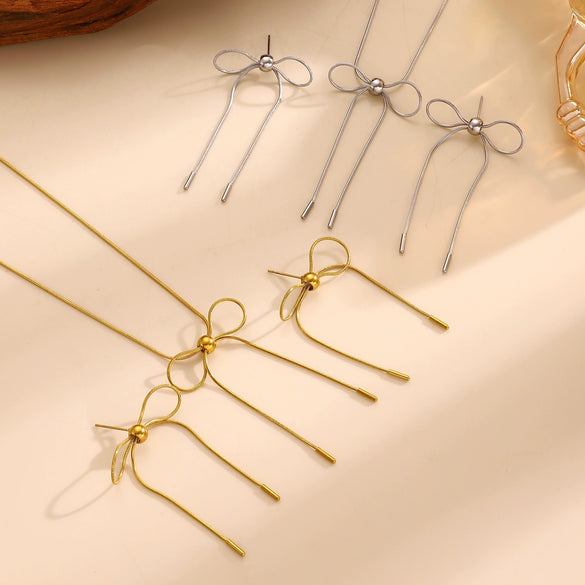 Wholesale Stainless Steel Electroplated Bowknot Earrings And Clavicle Chain Set Accessories For Women