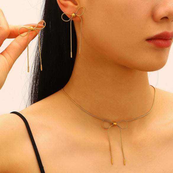 Wholesale Stainless Steel Electroplated Bowknot Earrings And Clavicle Chain Set Accessories For Women