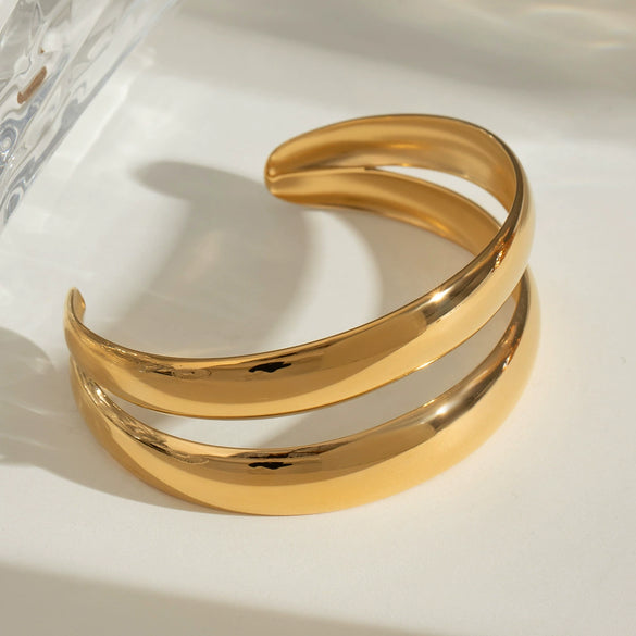 Wholesale Stainless Steel Electroplated Convex Smooth Double Opening Bracelet In Ins And Geometric Style 18K Gold Plated Quiet Design Non Fading Jewelry