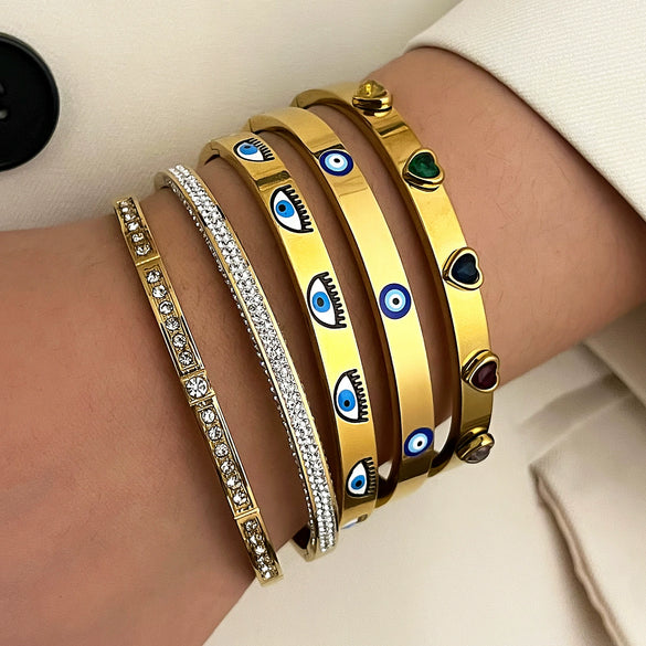 Wholesale Stainless Steel Electroplated Devil's Eye Diamondencrusted Love Bracelet Set Nonfading Open Bracelet Geometric Style Accessories