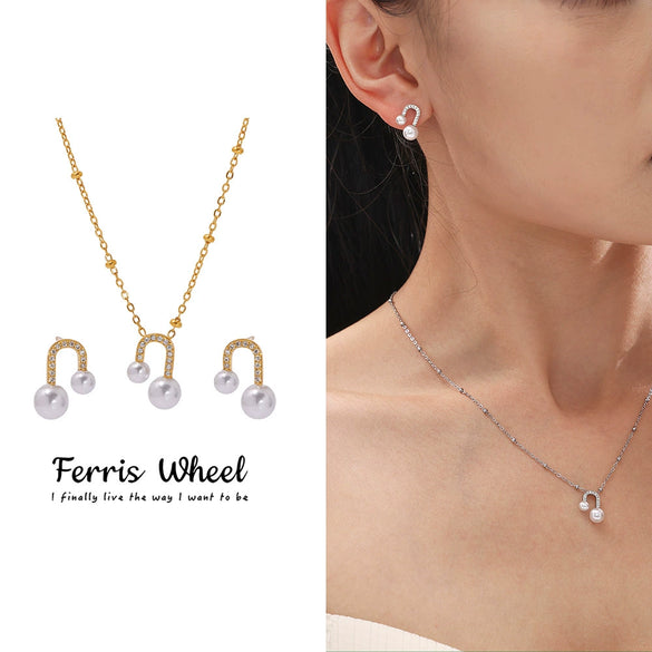 Wholesale Stainless Steel Electroplated Ferris Wheel Ushaped Bead Zircon Women's Necklace And Earrings Set