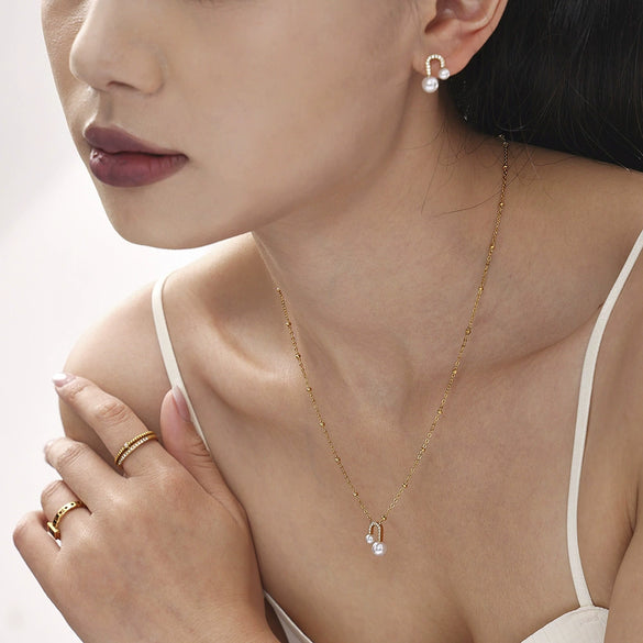 Wholesale Stainless Steel Electroplated Ferris Wheel Ushaped Bead Zircon Women's Necklace And Earrings Set