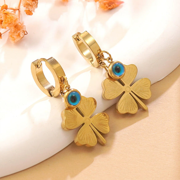 Wholesale Stainless Steel Electroplated Fourleaf Clover Devil's Eye Leaves Pattern Earrings For Women