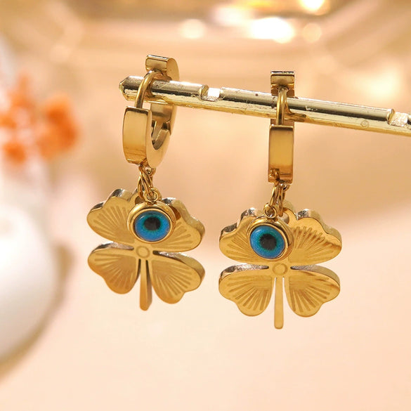 Wholesale Stainless Steel Electroplated Fourleaf Clover Devil's Eye Leaves Pattern Earrings For Women