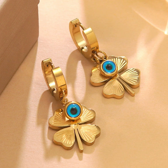 Wholesale Stainless Steel Electroplated Fourleaf Clover Devil's Eye Leaves Pattern Earrings For Women