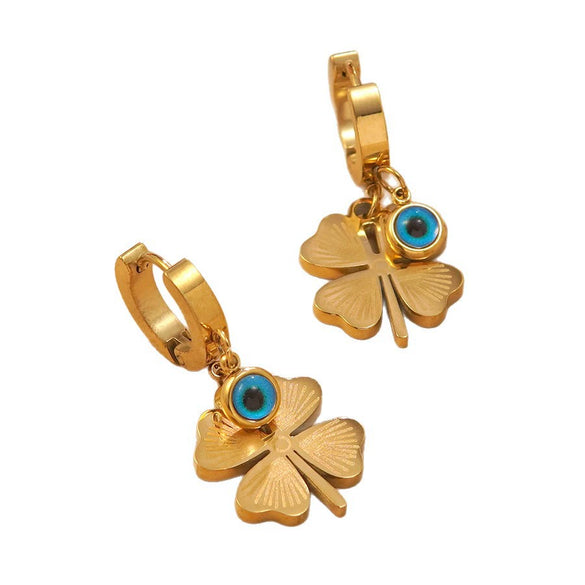 Wholesale Stainless Steel Electroplated Fourleaf Clover Devil's Eye Leaves Pattern Earrings For Women