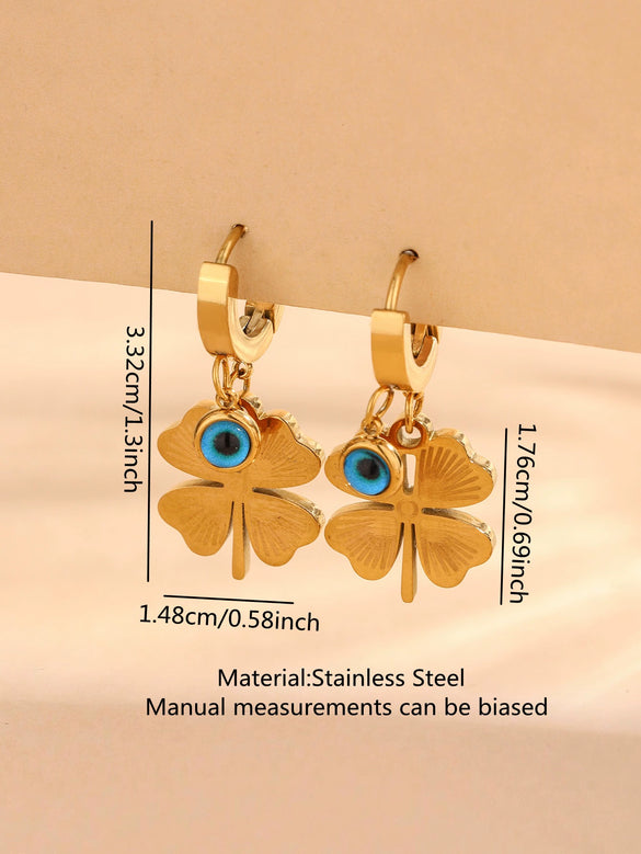 Wholesale Stainless Steel Electroplated Fourleaf Clover Devil's Eye Leaves Pattern Earrings For Women