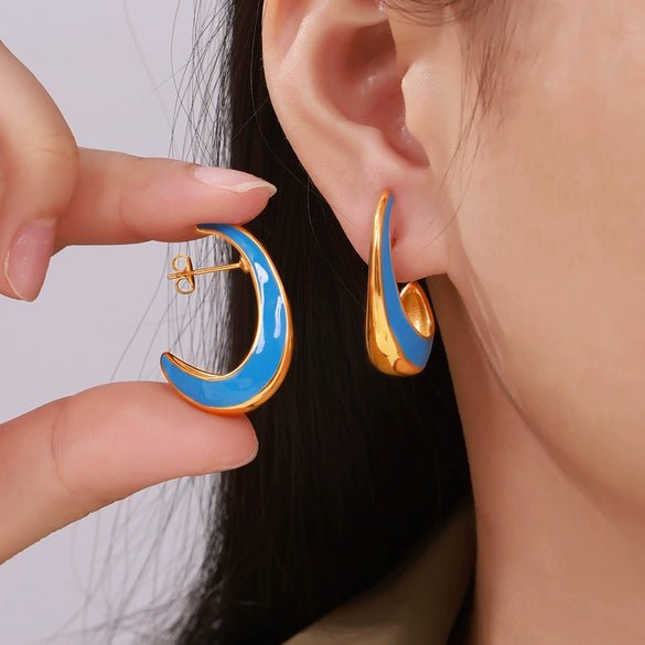 Wholesale 316L Stainless Steel Electroplated Geometric Crescent Shaped Inner Hollow Oil Drop Women's Earrings