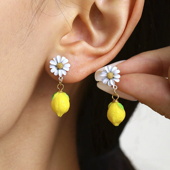 Wholesale Stainless Steel Electroplated Geometric Ferris Wheel Lemon Pendant Earrings For Women