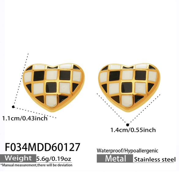 Wholesale Stainless Steel Electroplated Geometric Heartshaped Enamel Glaze Checkerboard Earrings For Women