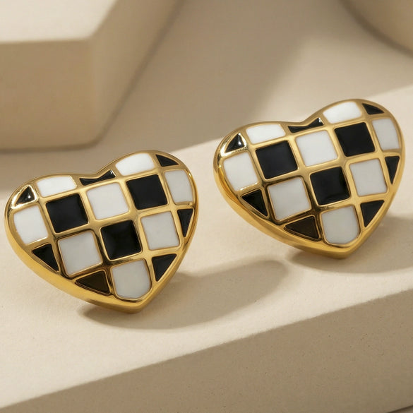 Wholesale Stainless Steel Electroplated Geometric Heartshaped Enamel Glaze Checkerboard Earrings For Women