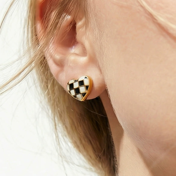 Wholesale Stainless Steel Electroplated Geometric Heartshaped Enamel Glaze Checkerboard Earrings For Women