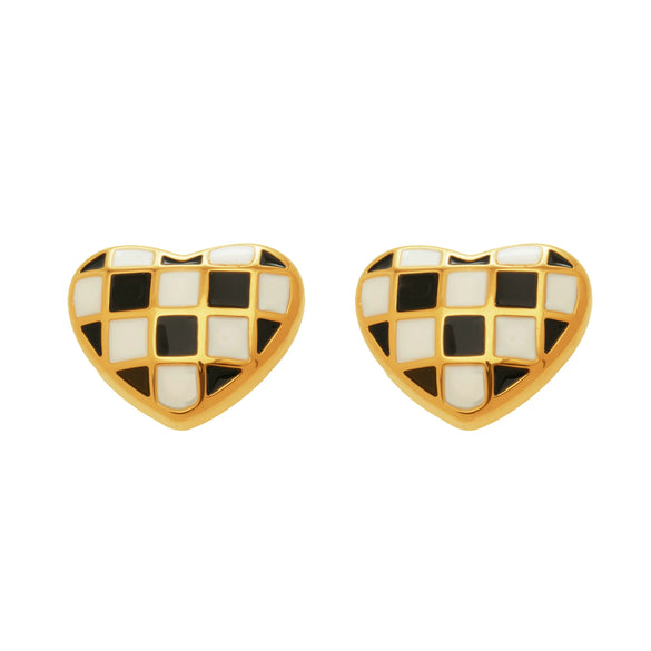 Wholesale Stainless Steel Electroplated Geometric Heartshaped Enamel Glaze Checkerboard Earrings For Women
